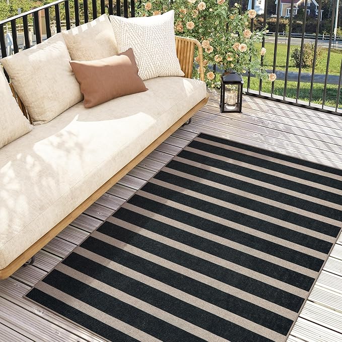 Lahome Striped Easy Jute 3x5 Outdoor Patio Porch Rug, Washable Rugs for Entryway Geometric Indoor Outdoor Living Room Carpet, Farmhouse Neutral Non Slip Black Carpet for Backyard Bedroom