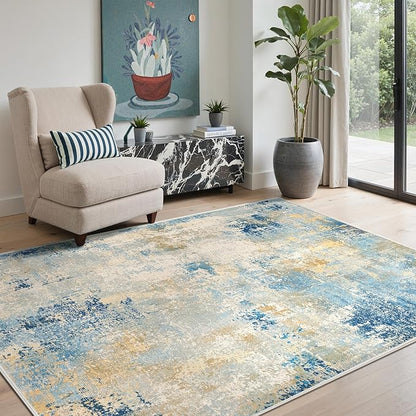 5x7 Area Rugs Washable Blue Rug for Living Room Bedroom, Abstract Modern Large Rug Non Slip, Water Repellent Low Pile Soft Carpet for Dining Room, Blue Ivory