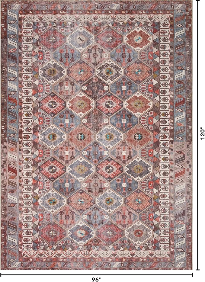 Kuden 8x10 Large Area Rug, Machine Washable Area Rug with Non-Slip Backing, Vintage Style, Soft, Easy Clean, Low Pile Rug for Living Room, Bedroom, Dining Room