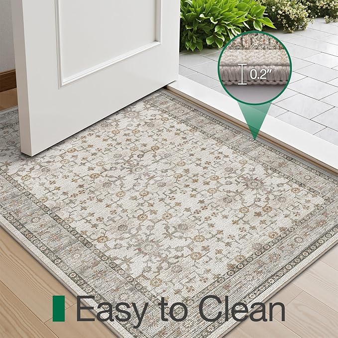 LUMI Indoor Thin Door Mat, 36x59 Washable Small Inside Doormat, Non Slip Low Pile Oriental Floor Carpet, Vintage Distressed Area Rug for Front Door,Entrance,Bedroom, Celadon