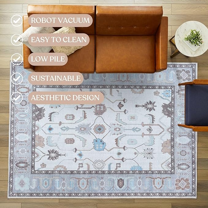 Fame Living Cream Grey Oushak Rug, Modern, Vintage, Turkish, Eclectic, Floral, Pastel, Washable, Oversized, Extra Large Area Rugs for Living Room, Dining, Bedroom, Lounge 9'5"x14'