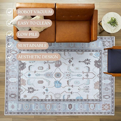 Fame Living Cream Grey Oushak Runner Rug, Modern Runners, Vintage, Turkish, Eclectic, Floral, Pastel, Washable, Long Runner Rugs for Hallway, Kitchen, Living Room, Bedroom, Kitchen, Bathroom, 2'5"x13'