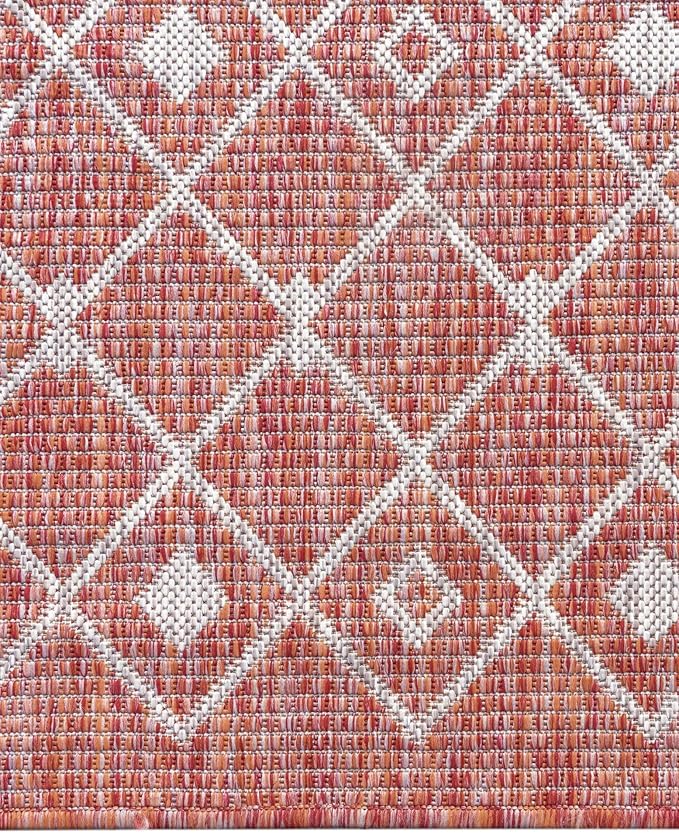 Unique Loom Outdoor Trellis Collection Area Rug - Tribal Trellis (10' 8" Square, Rust Red/ Ivory)