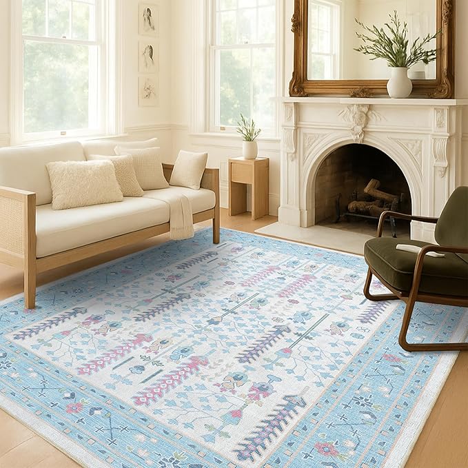 Cream Blue Oushak Runner Rug, Modern Runners, Vintage, Turkish, Eclectic, Floral, Pastel, Washable, Long Runner Rugs for Hallway, Kitchen, Living Room, Bedroom, Kitchen, Bathroom, 2'5"x13'