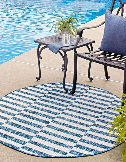 Unique Loom Outdoor Striped Collection Area Rug - Striped (12' Round Blue/Ivory)