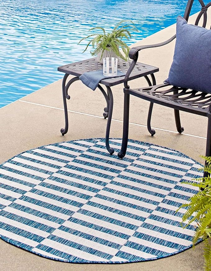 Unique Loom Outdoor Striped Collection Area Rug - Striped (5' 3" Round Blue/Ivory)