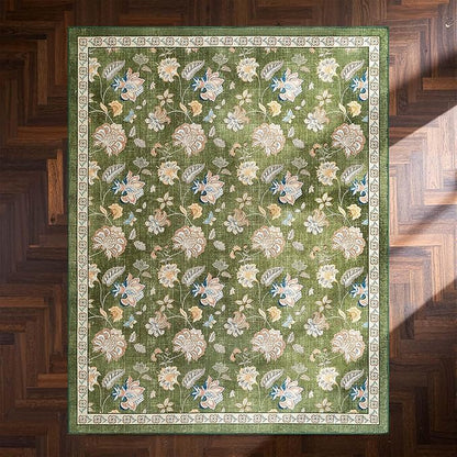 jinchan Elora 8x10 Floral Rug for Living Room Washable Bedroom Rug Vintage Romance Design Non Slip Thin Indoor Floor Cover Large Low-Profile Throw Carpet for Dining Room Office, Green