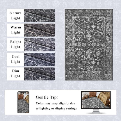 Washable Area Rug 2x3 Black Rugs for Living Room, Vintage Boho Rug for Bedroom Dining Room Office, Distressed Floral Print Carpet for Under Table, Soft Non Slip Low Pile Throw Carpet Indoor Mat