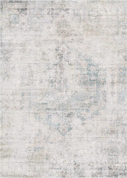 Modern Farmhouse Area Rug for Living Room - 10x14 Blue Gray Big Rug for Dining Room Table, Lightweight Foldable Low Pile Washable