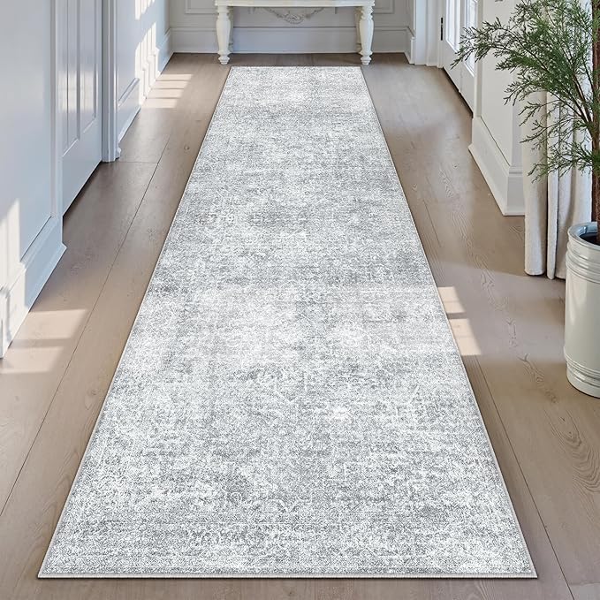 2x8 Runner Rug Washable Vintage Indoor Hallway Carpet Non Slip Grey Bedroom Low Pile Kitchen Distressed Long Retro Accent Throw Rug for Bathroom Dining Laundry Living Room