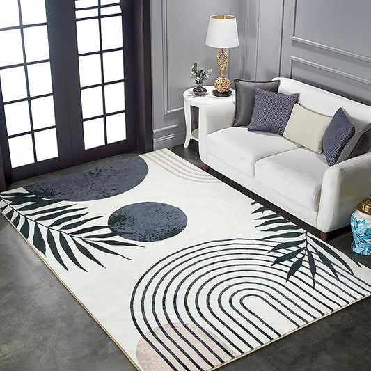 RoomTalks Mid Century Modern Living Room Rug Washable 5x7 Rug, Black Boho Cute Aesthetic Area Rugs Carpet for Bedroom Dining Room Office, Vintage Abstract Leaves Thin Indoor Entryway Carpet