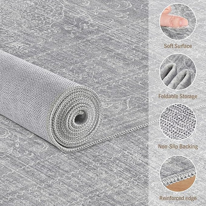 6x9 Area Rugs Living Room: Washable Large Vintage Grey Rug Neutral Non-Slip Soft Stain Resistant Indoor Carpet for Bedroom Nursery Dining Room Under Table Bed Home House Office Playroom