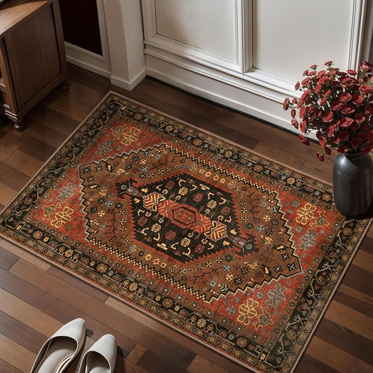 Ciicool Small Area Rug, 2x3ft Red Boho Rug, Ultra Soft Entry Rugs for Entryway, Non-Slip Washable Rugs Oriental Low-Pile Indoor Mat Floor Carpet for Entrance Bedroom Kitchen Bathroom Foyer Decor
