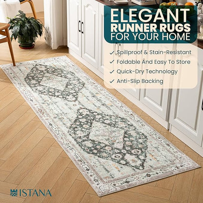 Istana Hallway Runner Rug 2.5x8 - Light Green/Beige Kitchen Rugs Non Slip Washable -Silk's Soft Touch Carpet Runner - Stylish Rugs for Home