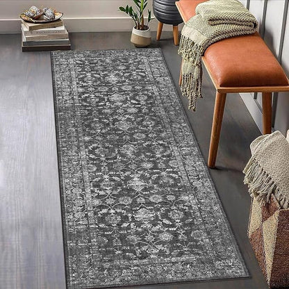 Washable Area Rug 2x6 Black Runner Rugs for Living Room, Vintage Boho Hallway Large Rug for Bedroom Dining Room Office, Distressed Floral Carpet for Under Table, Soft Non Slip Low Pile Throw Carpet