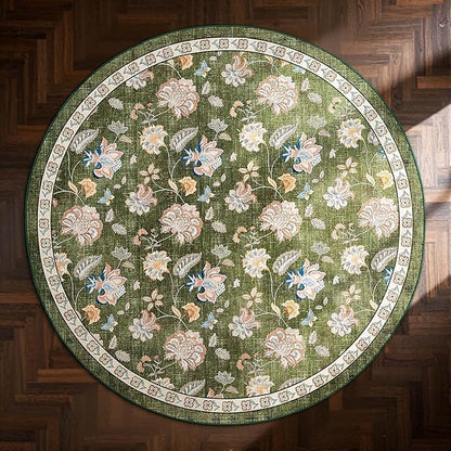 jinchan Elora 7ft Floral Round Rug for Dining Room Washable Living Room Rug Vintage Romance Design Non Slip Indoor Floor Cover Lightweight Low-Profile Throw Carpet for Bedroom Porch Patio, Green