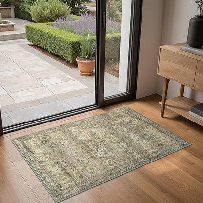 2x3 Entrance Rug Machine Washable Rug Small Door Mat,Ultra-Thin Low Pile Pad,Lightweight Indoor Carpet,Non Slip Floral Area Rug for Entryway,Bedside,Kids Room,Laundry,Bathroom,Sage