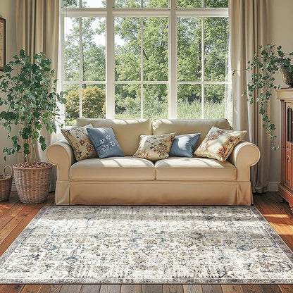 jinchan Kalen Area Rug 4x6 Washable Bedroom Rug Vintage Indoor Thin Floor Cover Retro Distressed Floral Country Boho Lightweight Non Slip Carpet for Kitchen Living Room Dining Room Office Blue