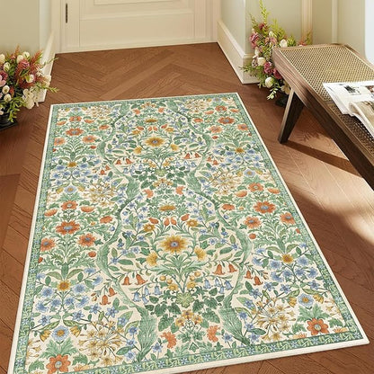 3x5 Grass Green Boho Floral Vintage Area Rug,Soft Lightweight Low Pile Non-Shedding Carpet,Machine Washable Stain Resistant & Non-Slip for Entryway,Bedroom, Kids Room,Living Room