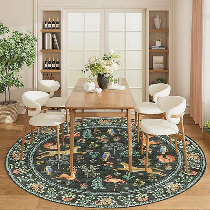 DUKINO 6ft Round Rug for Bedroom, Animal Print Washable Circle Rug with Low Pile Design, Soft Indoor Floor Non Slip Carpet for Entryway, Living Room, Office, Dining Room, Black