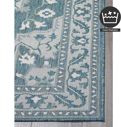 FH Home Flat Woven Outdoor Rug - Waterproof, Easy to Clean, Stain Resistant - Premium Polypropylene Yarn - Vintage - Large Patio, Deck, Sunroom - Shiraz - Ocean - 7ft 10 in x 10ft 9in