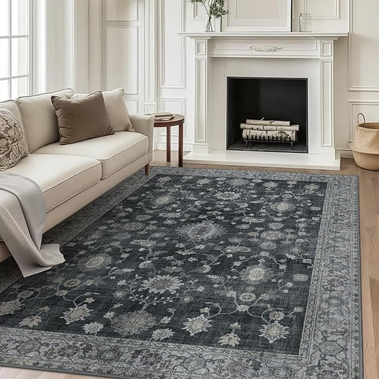 GENIMO Machine Washable 8x10 Area Rugs for Living Room, Non Slip Vintage Rugs, Low Pile Lightweight Chenille Print Rug for Bedroom, Dining Room, Home Office, Charcoal