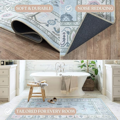 Fame Living Cream Blue Oushak Rug, Modern, Vintage, Turkish, Eclectic, Floral, Pastel, Washable, Extra Large Area Rugs for Living Room, Dining, Bedroom, Lounge, 9'x12'