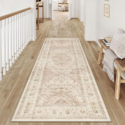 2x6 Beige Washable Vintage Area Rug for Living Room Bedroom Soft Tranditional Non Slip Runner Rug Lightweight Floral Low Pile Distressed Runner Entrance Laundry Room Hallway