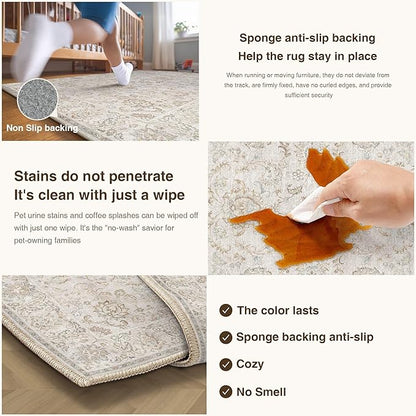 HUGEAR 8x10 Machine Washable Area Rugs Vintage Grey - Neutral Living Room Bedroom Rug Non Slip Stain Resistant Low Pile Aesthetic Throw Carpet Kids & Pet Friendly