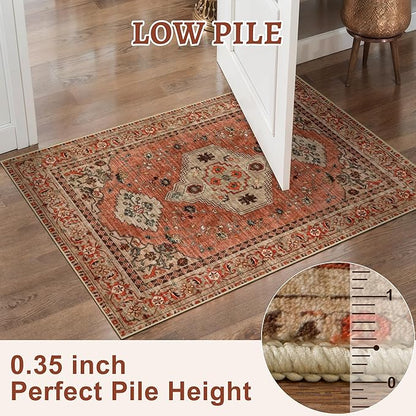Tangsoo Boho 9X 12 Area Rug for Living Room, Washable Vintage Rug Indoor Non Slip Large Area Rugs, Print Oriental Carpet Soft Low Pile Foldable Floor Room Rug for Bedroom Dining Room Terracotta
