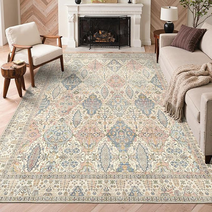 GENIMO 6x9 Area Rugs for Living Room, Machine Washable Low Pile Rugs, Chenille Non Alip Vintage Rug for Bedroom, Dining Room, Home Office, Beige Cream