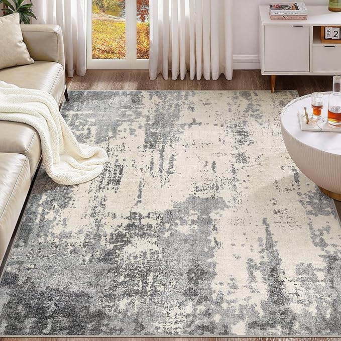 6x9 Area Rug Living Room Rugs - Washable Neutral Modern Abstract Soft Thin Rug Indoor Floor No Slip Rug Carpet for Bedroom Under Dining Table Home Office Decor - Grey/Light Brown