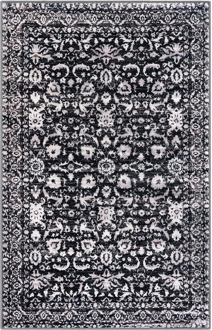Vintage Floral 3x5 Rug, Black and White Entryway Rug Small Area Rug Washable Non-Slip Throw Rug, Thin Printed Faux Wool Low-Pile Kitchen Rugs Super Soft Capet for Entrance Bedroom Office