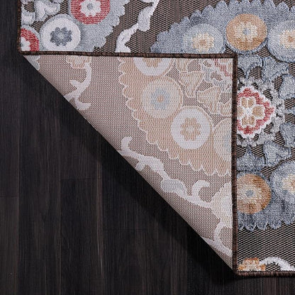CAMILSON Indoor Outdoor Rug 9x12 Bohemian Medallion Floral Area Rugs for Indoor and Outdoor Patios Easy-Cleaning Non-Shedding Living Room Garden and Kitchen Washable Outside Carpet (9 x 12 / Brown)