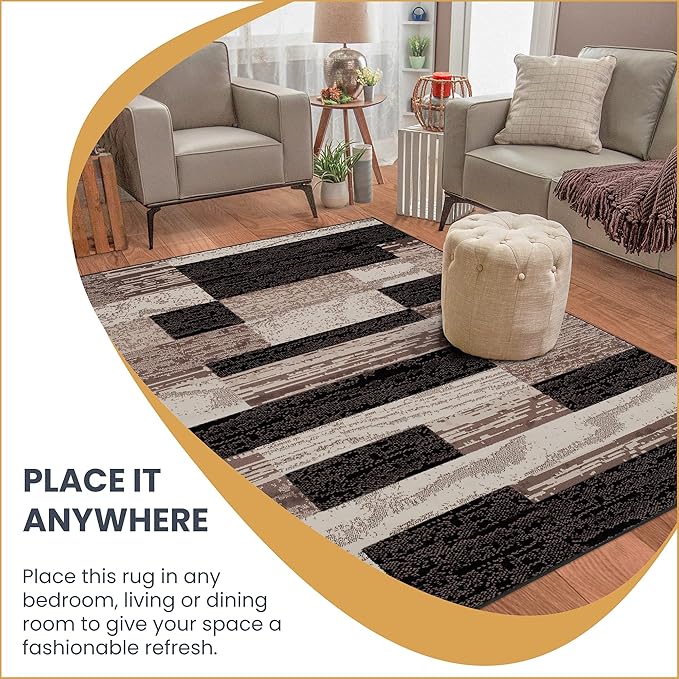 SUPERIOR Indoor Area Rug, Jute Backed, Modern Geometric Patchwork Floor Decor for Bedroom, Office, Living Room, Entryway, Hardwood Floors, Rockwood Collection, 4' x 6', Chocolate