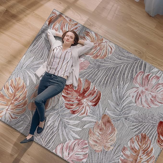 CAMILSON Indoor Outdoor Rug, Mult 9’x12’ Leaf Tropical Botanical Area Rugs for Indoor and Outdoor patios, Easy-Cleaning Non-Shedding Living Room, Garden and Kitchen Washable Outside Carpet (9x12)