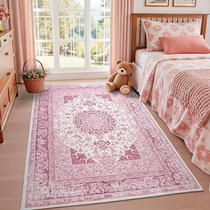 Bright Pink Area Rug for Girls Bedroom, 4x6 Machine Washable Rugs with Non-Slip Backing for Living Room, Cute Vintage Carpet for Kitchen Laundry Kids Room