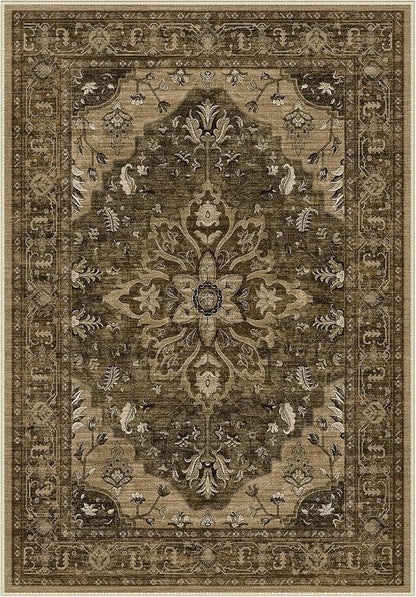 Area Rugs 2'x6' Washable Non-Slip, Floral Vintage Distress Print Pattern Medallion Carpet for Living Room Bedroom Dining Room, Brown Dark Brown