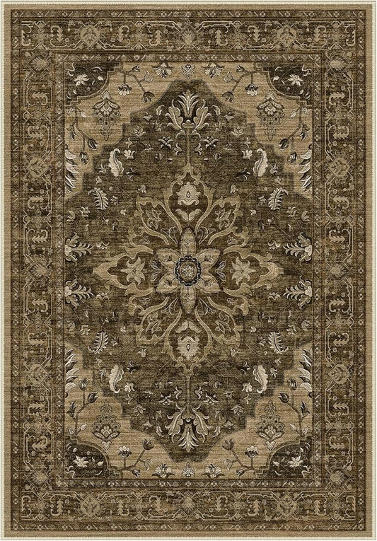 Area Rugs 2'x6' Washable Non-Slip, Floral Vintage Distress Print Pattern Medallion Carpet for Living Room Bedroom Dining Room, Brown Dark Brown