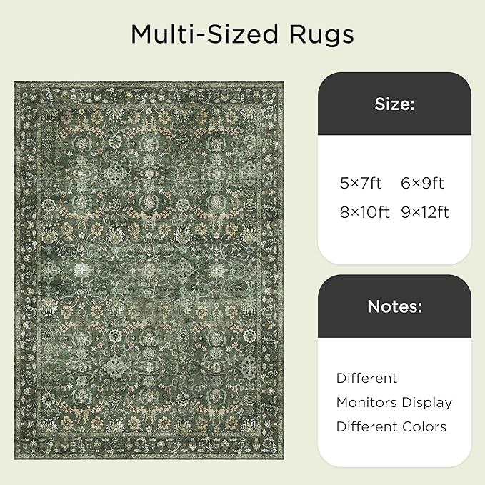 8x10 Washable Rugs for Living Room, Soft Large Rugs Green Area Rug, Indoor Vintage Carpet for Bedroom Dining Room Office, Rubber Backed Non Slip Low Pile Mat, Dark Olive Green