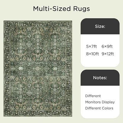 9x12 Area Rug for Living Room, Soft Large Rugs Green Washable Carpet, Indoor Vintage Rugs for Bedroom Dining Room Office, Rubber Backed Non Slip Low Pile Mat, Dark Olive Green