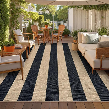 Lahome Striped Easy Jute Outdoor Rug, Washable Rugs 8x10 for Living Room Patio Indoor Outdoor Black Carpet, Farmhouse Neutral Non Slip Non Shedding Floor Carpet for Office Sunroom Dining Room