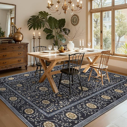 GarveeHome Boho 6x9 Area Rug for Living Room, Floral Vintage Rugs for Bedroom with Soft Low Pile, Non Slip Stain Resistant Botanical Washable Rug 6x9 for Dining Room Blue Carpet for Dorm Office