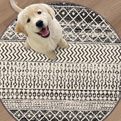 Moroccan Washable Round Area Rug, 4ft Non-Slip Distressed Black Area Rug for Bedroom, Soft Non-Shedding Circle Rug Bedside Carpet for Living Room Dining Room Bedroom