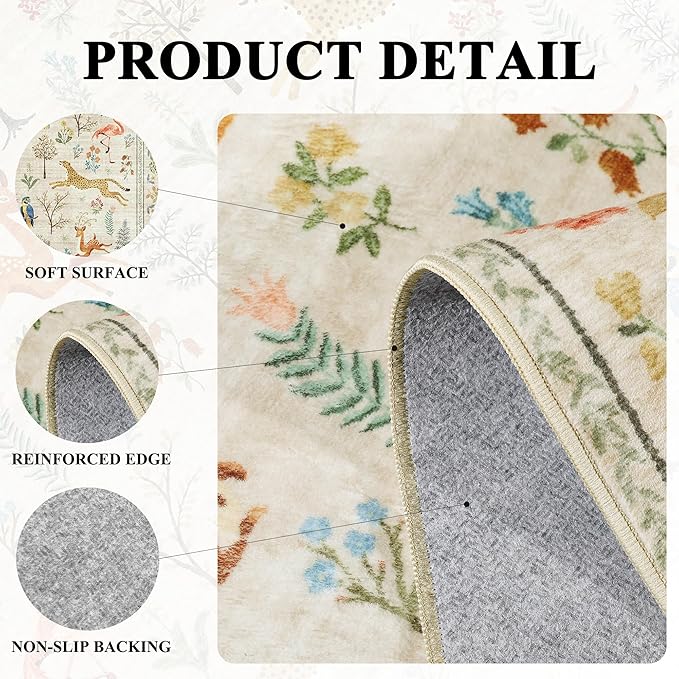 DUKINO 6x9 Rug, Washable Animal Living Room Rug with Non Slip Vintage Design, Soft Low Pile Large Carpet for Bedroom, Nursery, Dining Room, Farmhouse, Playroom, White