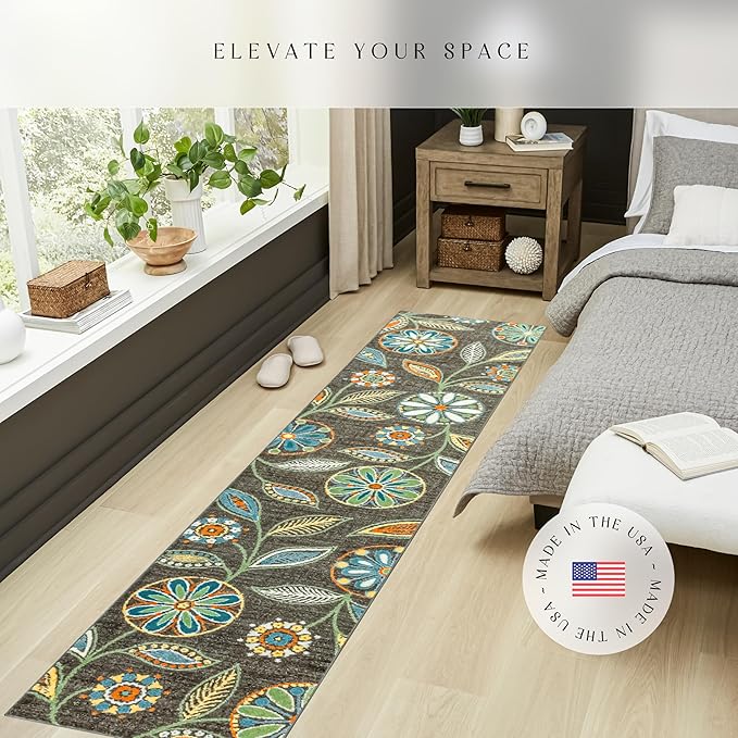 Maples Rugs Reggie Floral Runner Rug - Made in USA - Washable, Non Slip Indoor Carpet for Kitchen, Hallway, and Laundry Room, 2' x 10', Dark Grey