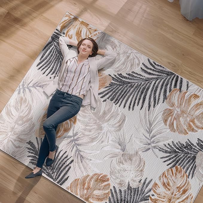 CAMILSON Indoor Outdoor Rug, Yellow 5x7 Leaf Tropical Botanical Area Rugs for Indoor and Outdoor patios, Easy-Cleaning Non-Shedding Living Room, Garden and Kitchen Washable Outside Carpet (5 x 7)