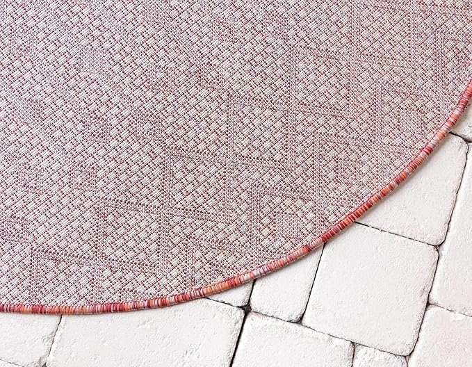 Unique Loom Outdoor Trellis Collection Area Rug - Tribal Trellis (7' 10" Round, Rust Red/ Ivory)
