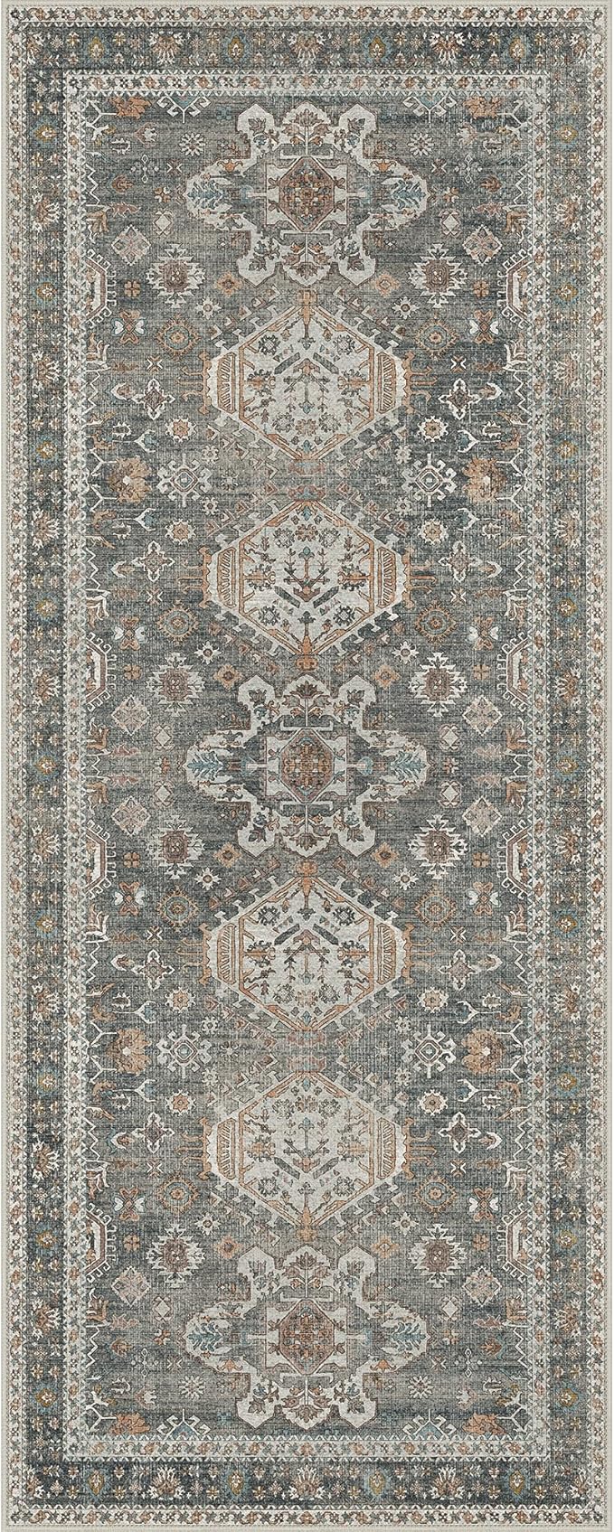 Bavni Washable Runner Rug 2x5, Non Slip Vintage Hallway Runner, Ultra Thin Low Pile Washable Carpet for Kitchen Entryway Bedroom, Grey