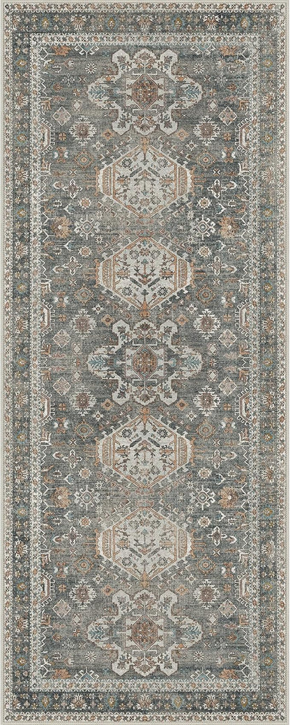 Bavni Washable Runner Rug 2x5, Non Slip Vintage Hallway Runner, Ultra Thin Low Pile Washable Carpet for Kitchen Entryway Bedroom, Grey